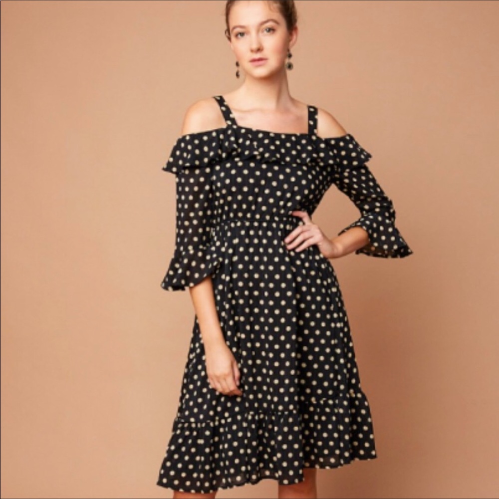Classic Design Polka Dot Cold Shoulder Midi Dress